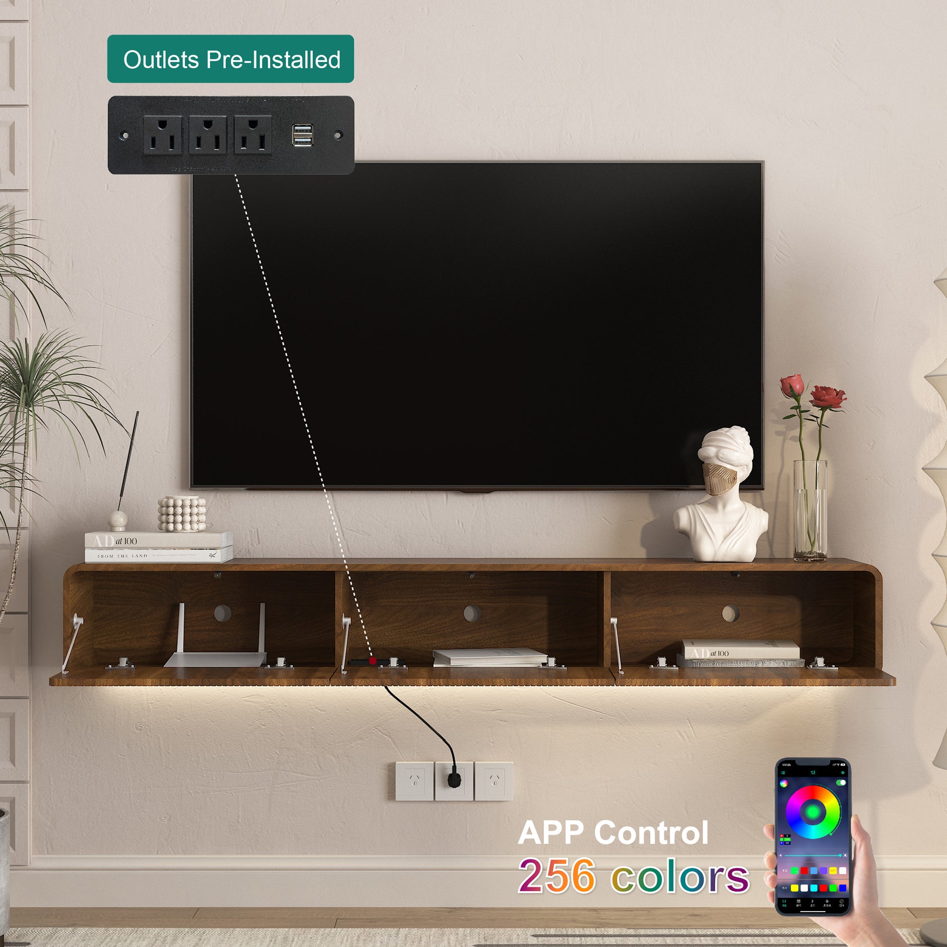 Floating TV Stand Wall Mounted with 16 Color LEDs,69" Modern TV Stand, Floating TV Cabinet Entertainment Center for 55 60 65 Inch TV image 6