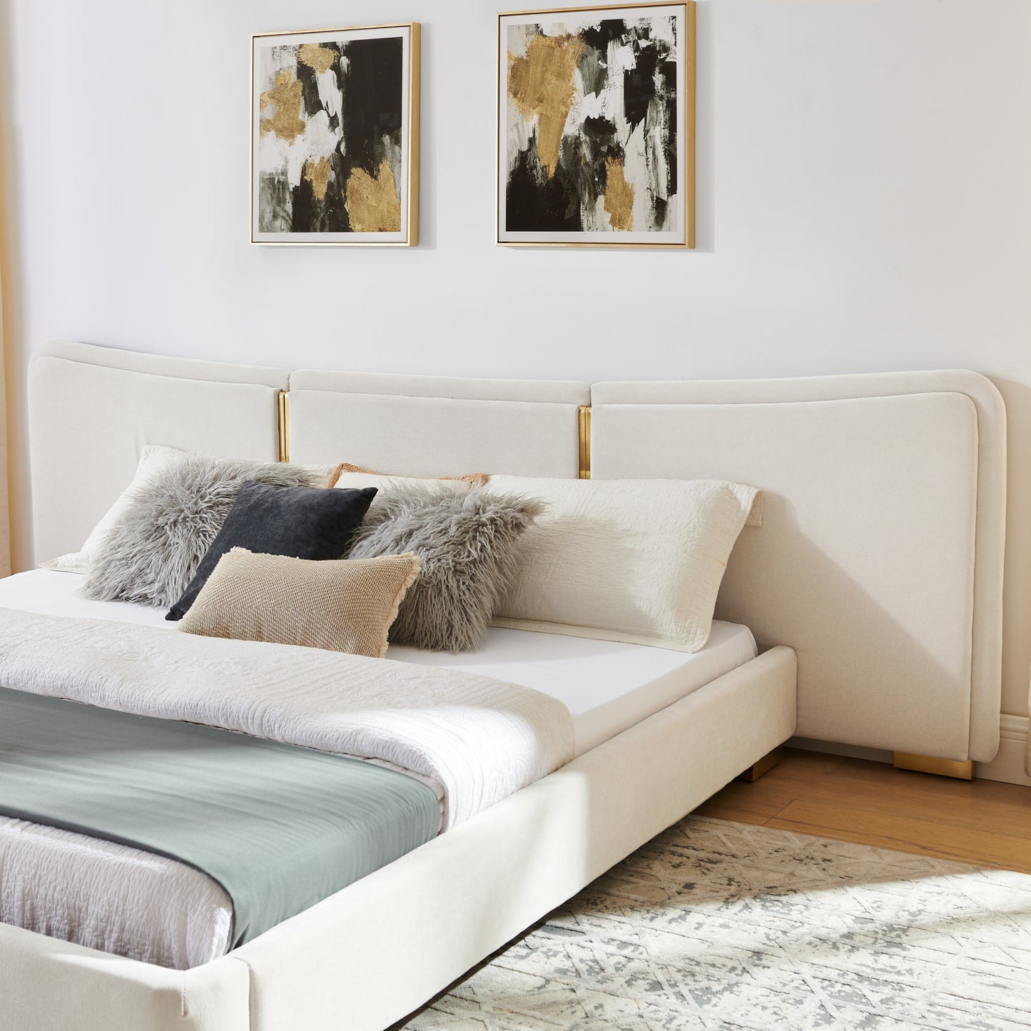 King Size Extra Large Platform Bed, Soft Chenille Fabric Frame, Curved Headboard, Reinforced Electroplated Metal Legs, Flexible DIY Side Space Design-Beige image 7