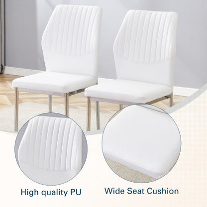 Luxury Simple Chair - Set of 4 White PU Material High Resilience Dining Chair with Metal Silver Leg.The Chair Back Has a Vertical Stripe Design With Smooth And Uniform Lines. image 5