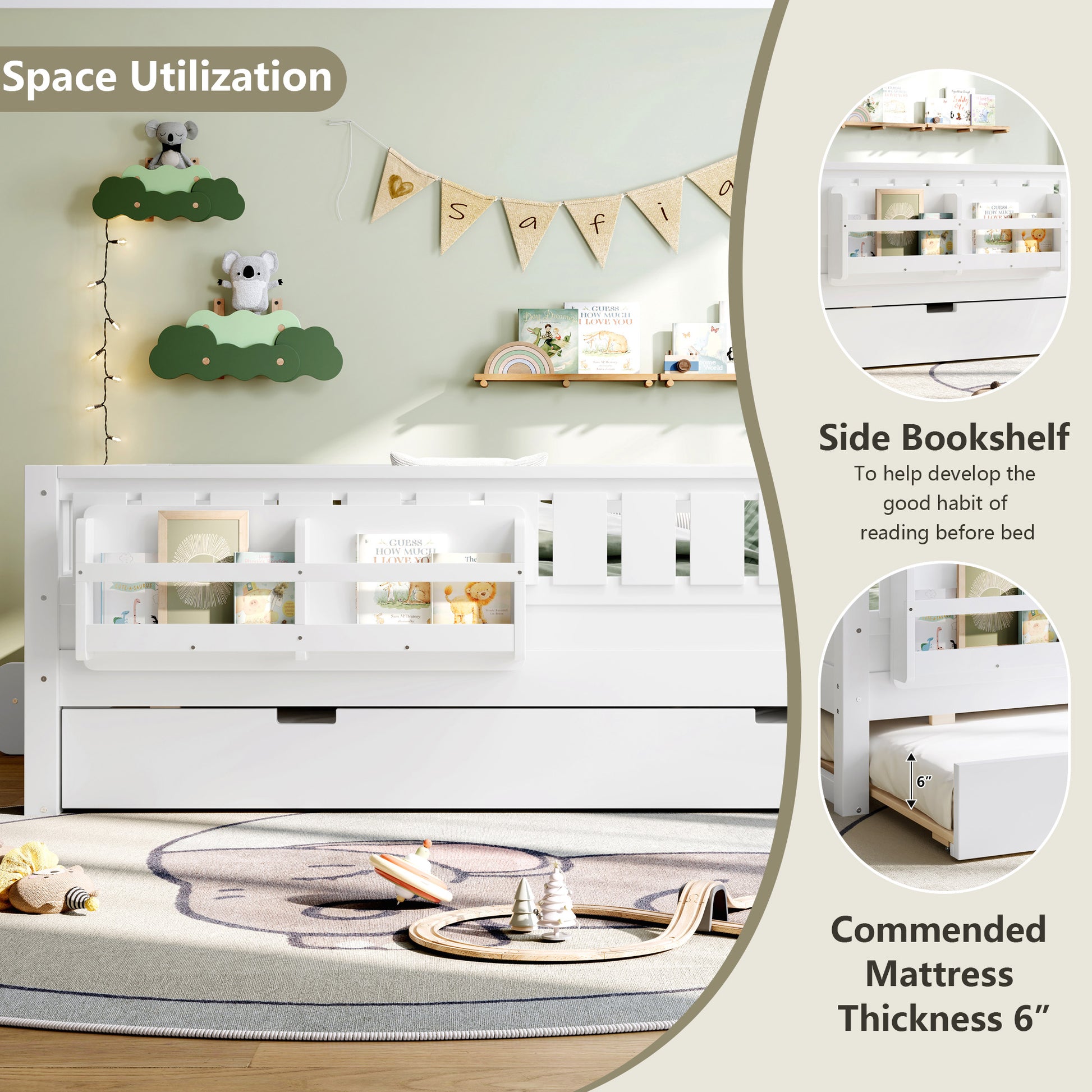 Full with built-in bookshelves and small staircase, high-quality safety rails, and Trundle,White image 7