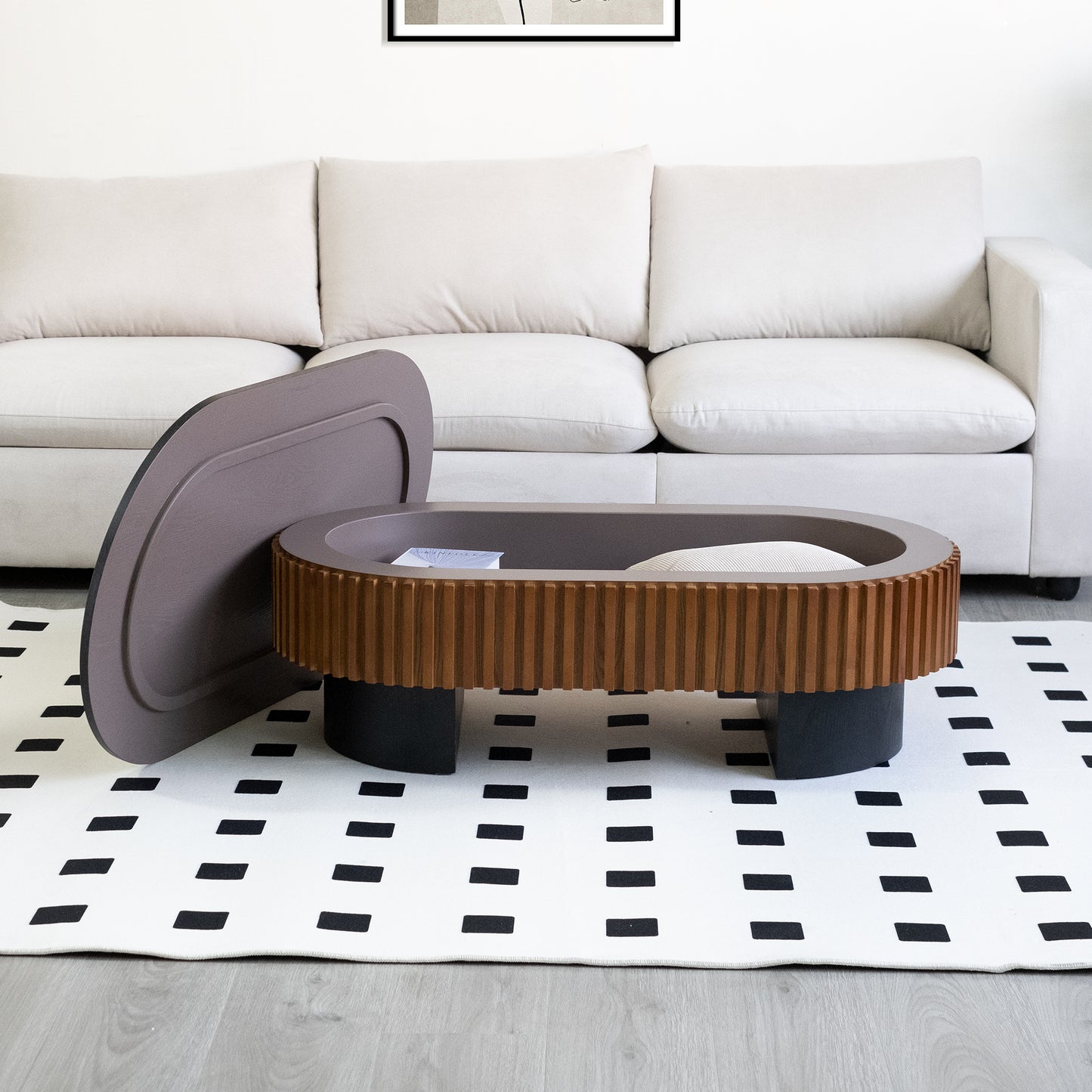 43.7" Oval Coffee Table With Hidden Storage, Fluted Modern Minimalist Wood Coffee Table for Living Room, Oval Center Table, Black + Walnut. image 9