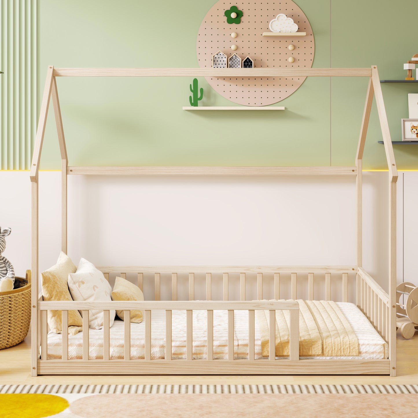 Twin Size House Floor Bed with Roof Frame,Pine Wood Floor Bed with Safety Guardrails,Natural image 1