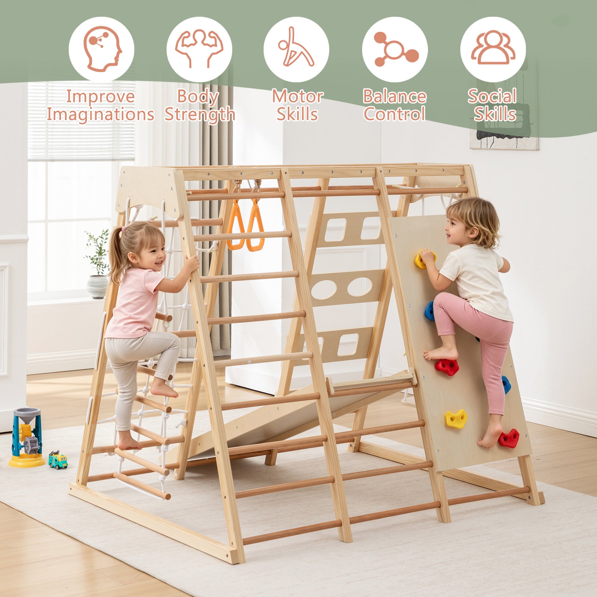 9-in-1 Slide and Climbing Wall for Toddlers 3+, Wooden Indoor Play Structure, Heavy Duty 176 lbs Capacity, Safe Rounded Edge Natural Wood, Balance & Strength Toy Gift image 7