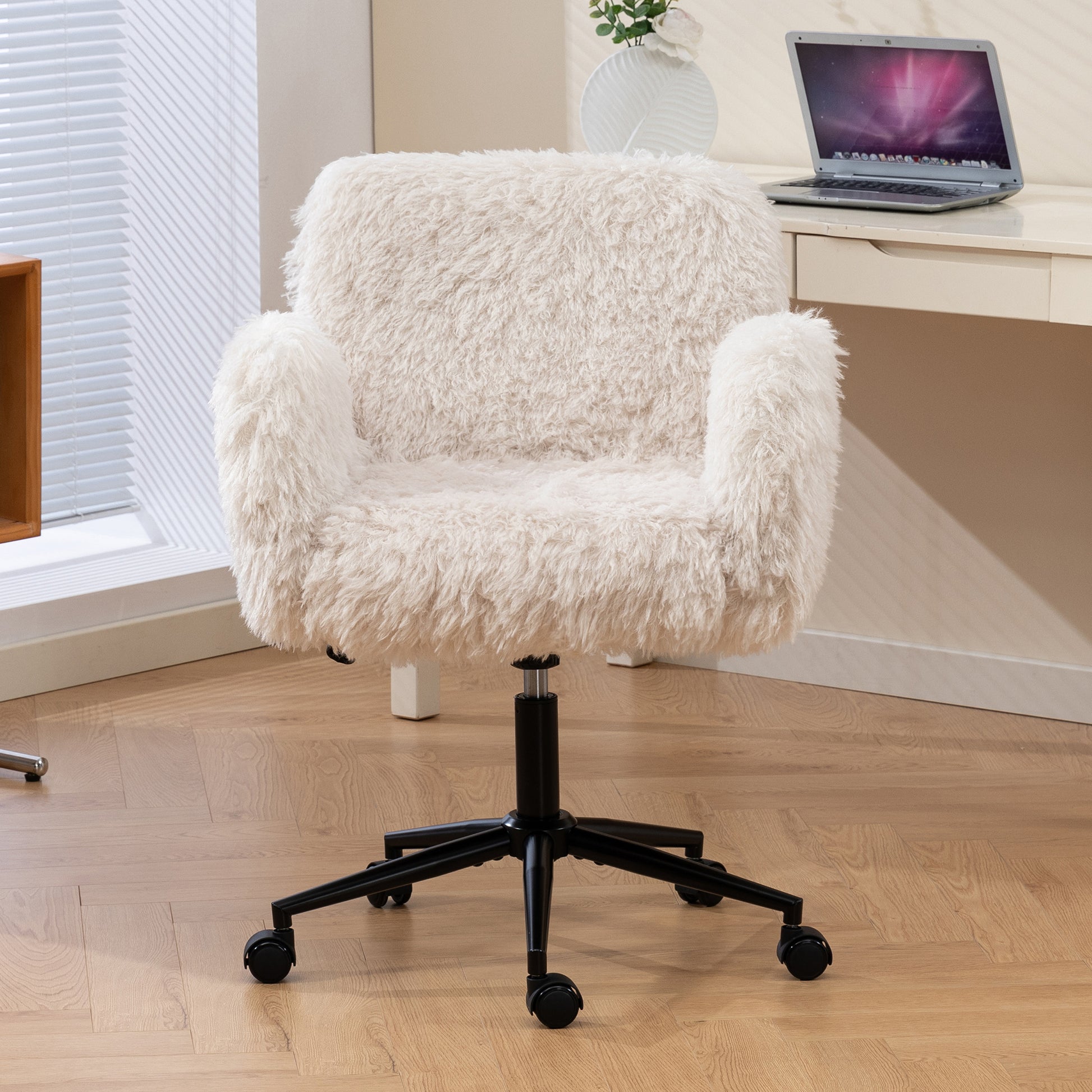 Criss Cross Chair with 5-Gear Adjustable Armrests & Wheels, Ergonomic Thickened Backrest Swivel Desk Chair for Home Office, Vanity, Bedroom and Living Room, Beige Lamb wool image 8