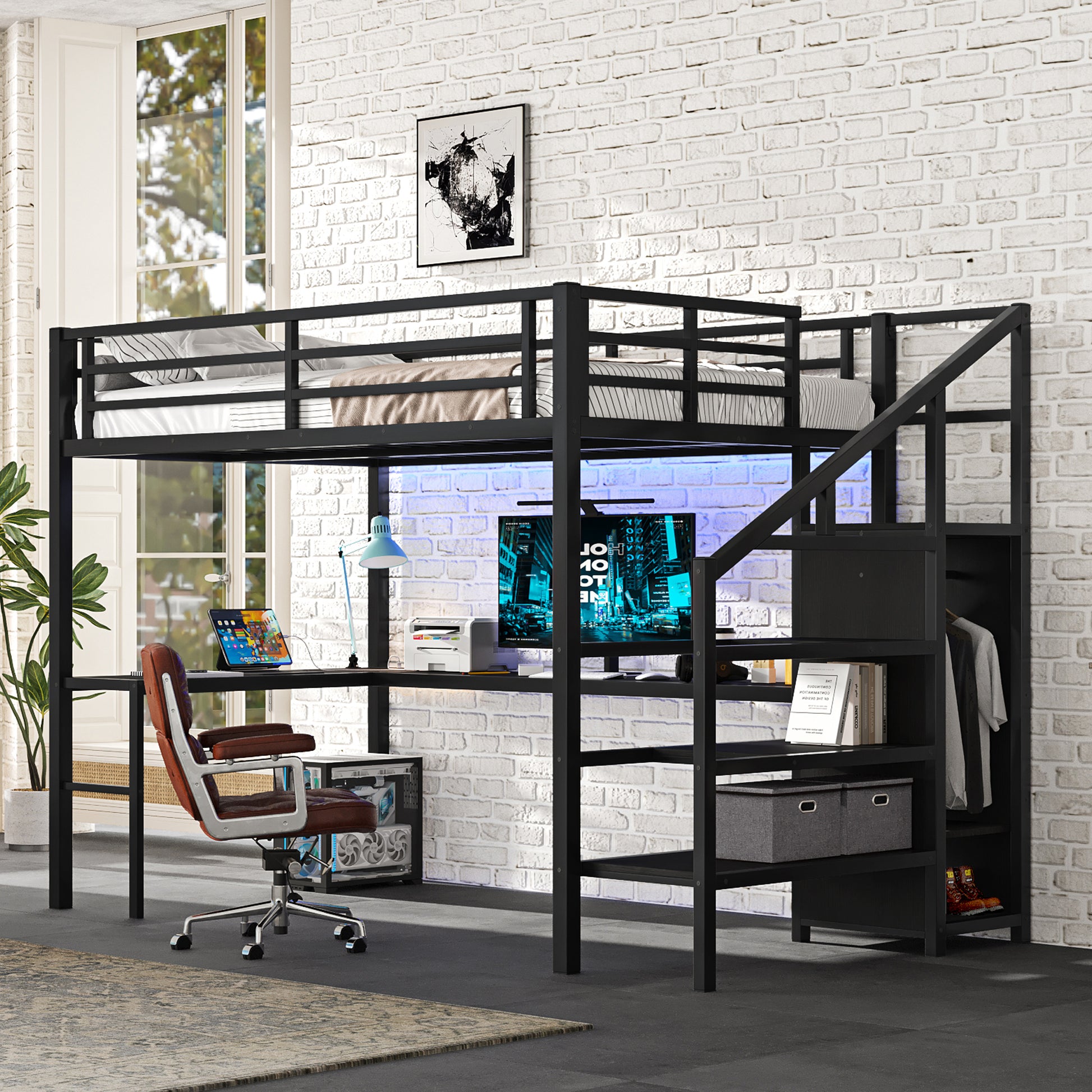 Full Size Loft Bed with L-shaped Desk and USB, Metal Loft Bed with Wardrobe and Adjustable Shelf, High Loft Bed with LED for Kids Teens Adults, Black image 4