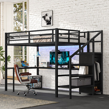 Full Size Loft Bed with L-shaped Desk and USB, Metal Loft Bed with Wardrobe and Adjustable Shelf, High Loft Bed with LED for Kids Teens Adults, Black image 4
