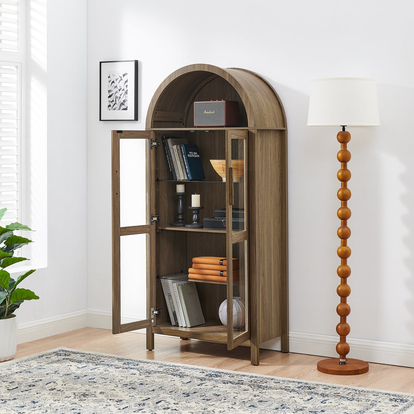 A high arched storage cabinet with a lamp, a modern retro-style wooden storage cabinet with adjustable glass partitions, suitable for use as a multi-functional cabinet in kitchens-Brown image 4
