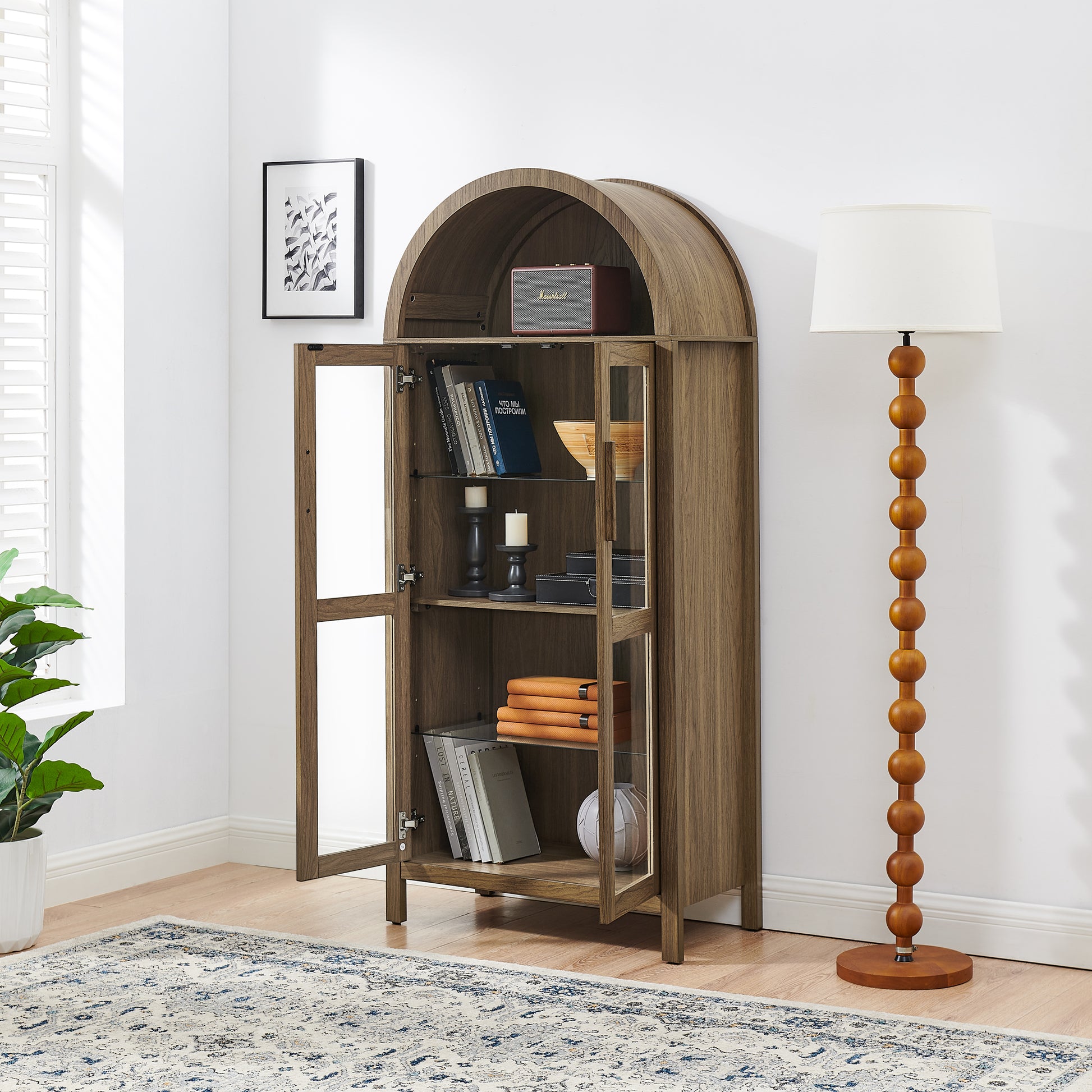 A high arched storage cabinet with a lamp, a modern retro-style wooden storage cabinet with adjustable glass partitions, suitable for use as a multi-functional cabinet in kitchens-Brown image 4