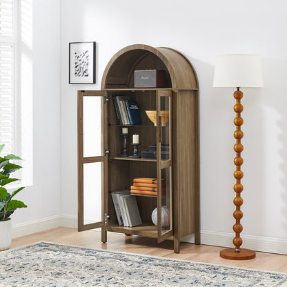 A high arched storage cabinet with a lamp, a modern retro-style wooden storage cabinet with adjustable glass partitions, suitable for use as a multi-functional cabinet in kitchens-Brown image 4