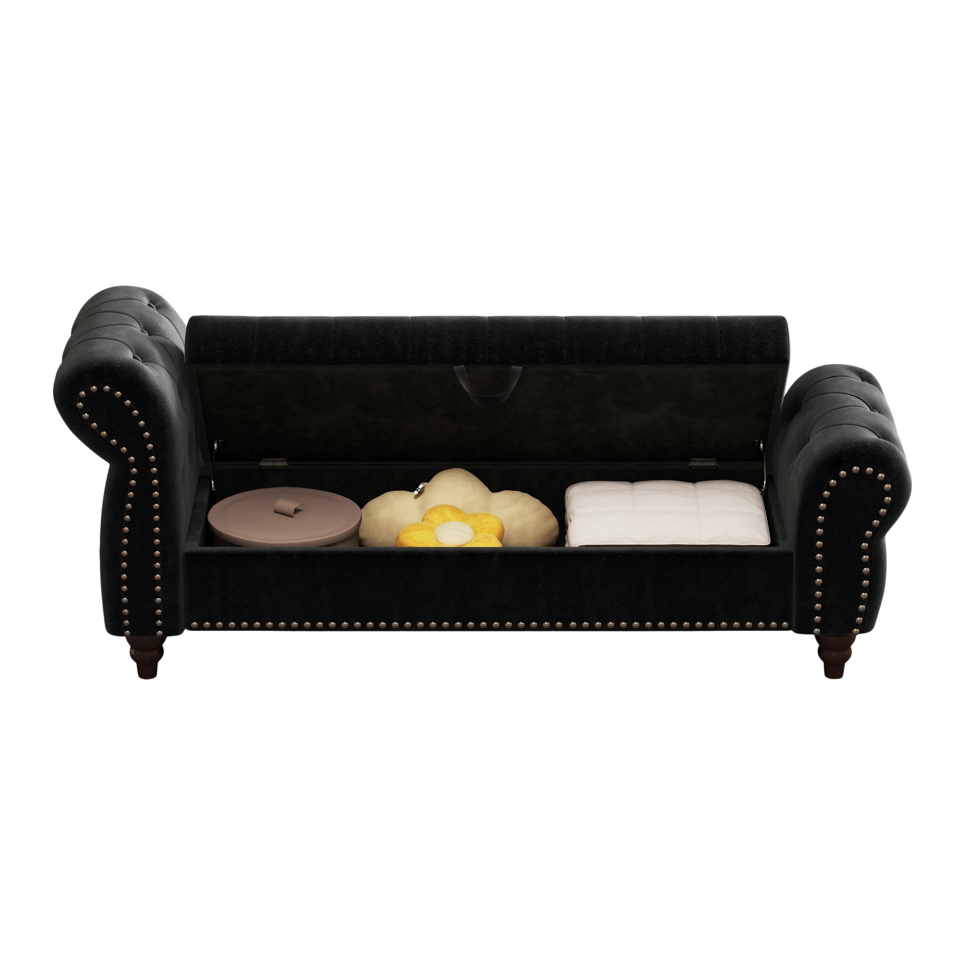 64.5" Bed Bench for Bed Room Nails Tufted Chaise of Lounge with Storage Velvet Upholstery Black image 10