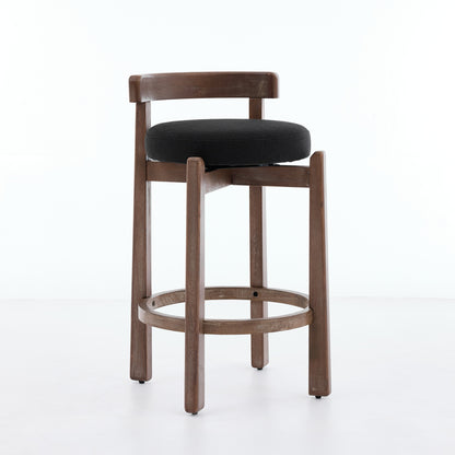 Set of 2 Swivel Counter Stools,Mid-Century Modern Bar Stools with Back,26 Inch Seat Height,Solid Wood Frame,Soft Linen Upholstered Bar Chairs with Footrest,Ideal for Kitchen Island,Black,SW1882BK image 3
