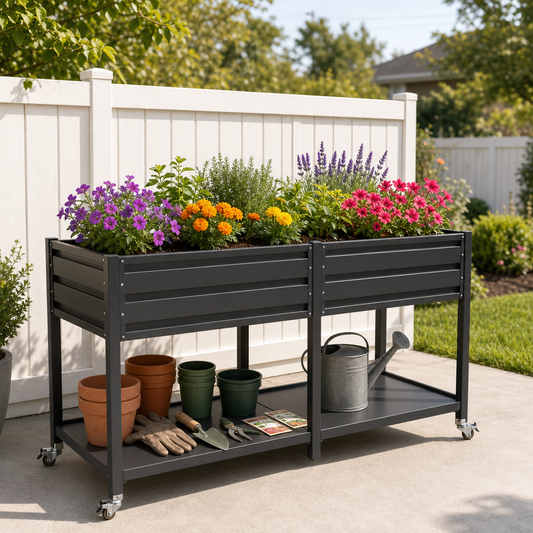 Dual Tier Elevated Metal Raised Garden Bed with Lockable Wheels & Lower Storage Shelf, Dark Gray Staggered Raised Planter Box for Vegetables Herbs Flowers, Outdoor Patio Backyard Raised Planting Bed image 1