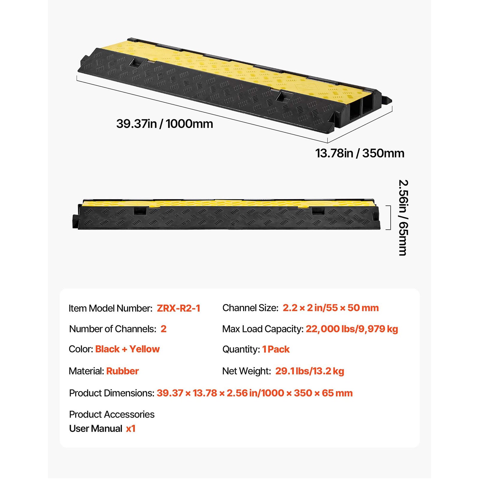 Cable Protector Ramp, 22,000 lbs/axle Capacity, 2 Channel Heavy Duty Rubber Cord Hose Wire Cover, 2.2 x 2 in Channel, Traffic Speed Bump with Flip-Open Top Cover, for Indoor Outdoor, 1 Pack image 7