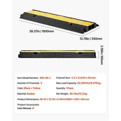 Cable Protector Ramp, 22,000 lbs/axle Capacity, 2 Channel Heavy Duty Rubber Cord Hose Wire Cover, 2.2 x 2 in Channel, Traffic Speed Bump with Flip-Open Top Cover, for Indoor Outdoor, 1 Pack image 7