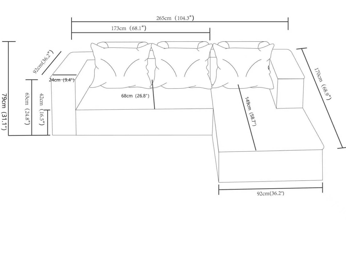 104" Cloud Sectional Sofa with L-Shape Chaise and Side Pockets, Modern Modular Design, with side pockets, Upholstered Couch for Living Room/Bedroom, No Assembly Required (CorduroyFabric),Black, Right image 6
