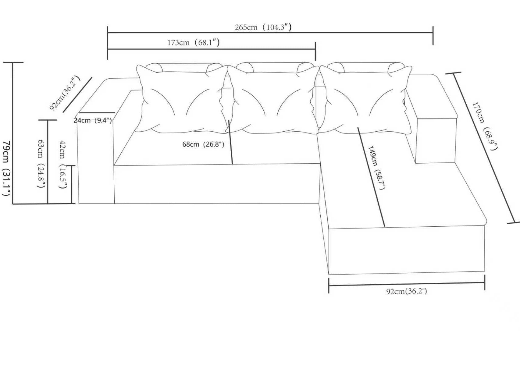 104" Cloud Sectional Sofa with L-Shape Chaise and Side Pockets, Modern Modular Design, with side pockets, Upholstered Couch for Living Room/Bedroom, No Assembly Required (CorduroyFabric),Black, Right image 6