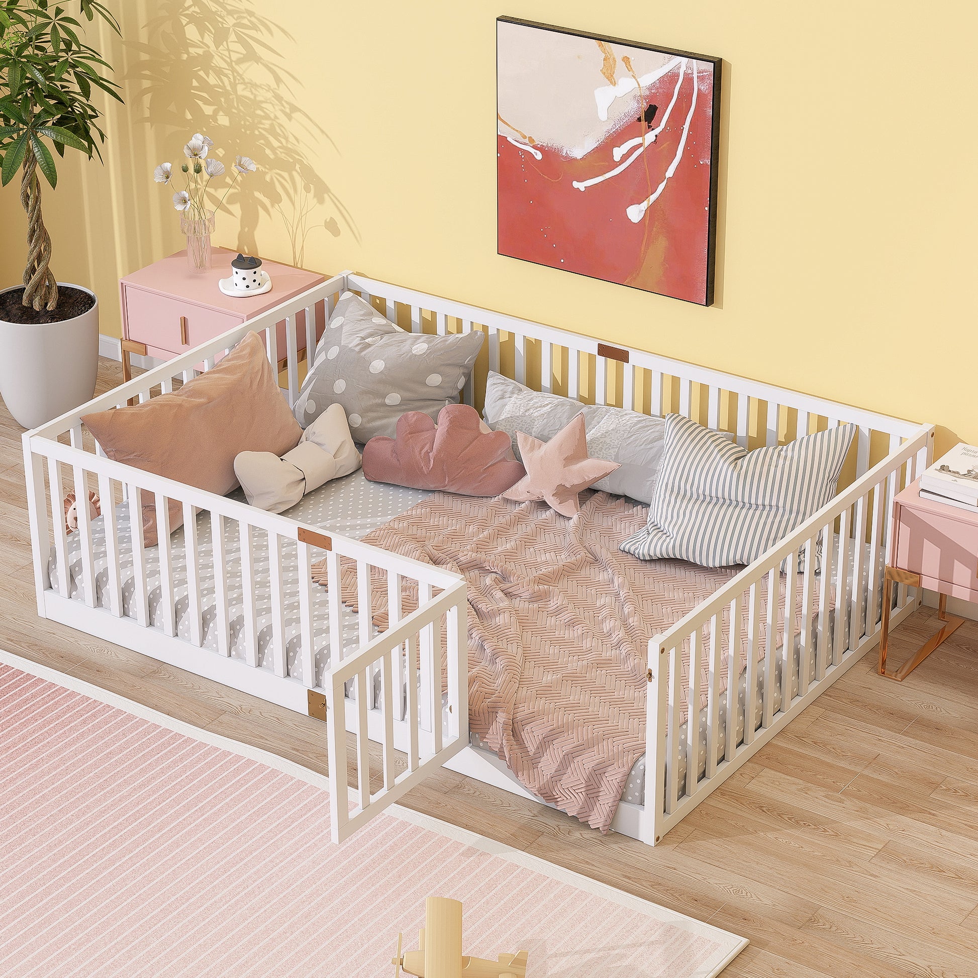 Full Size Floor Bed with High Fence Railings, with Door,6 Slats Included, Rubber Wood Floor Bed with Safety Guardrails,White image 1