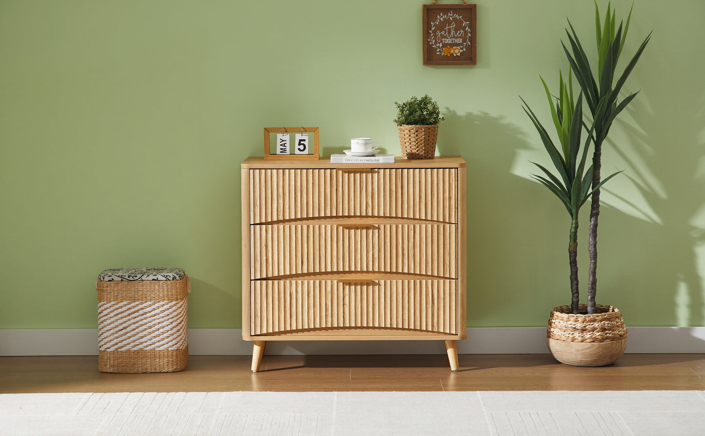 Fluted 3 Drawer Dresser, Modern Tall Chest of Drawers with Vertical Grooved Design, Wood Storage Cabinet with Metal Handles for Bedroom Living Room, Oak. (31.5"W x 15"D x 30"H). image 4