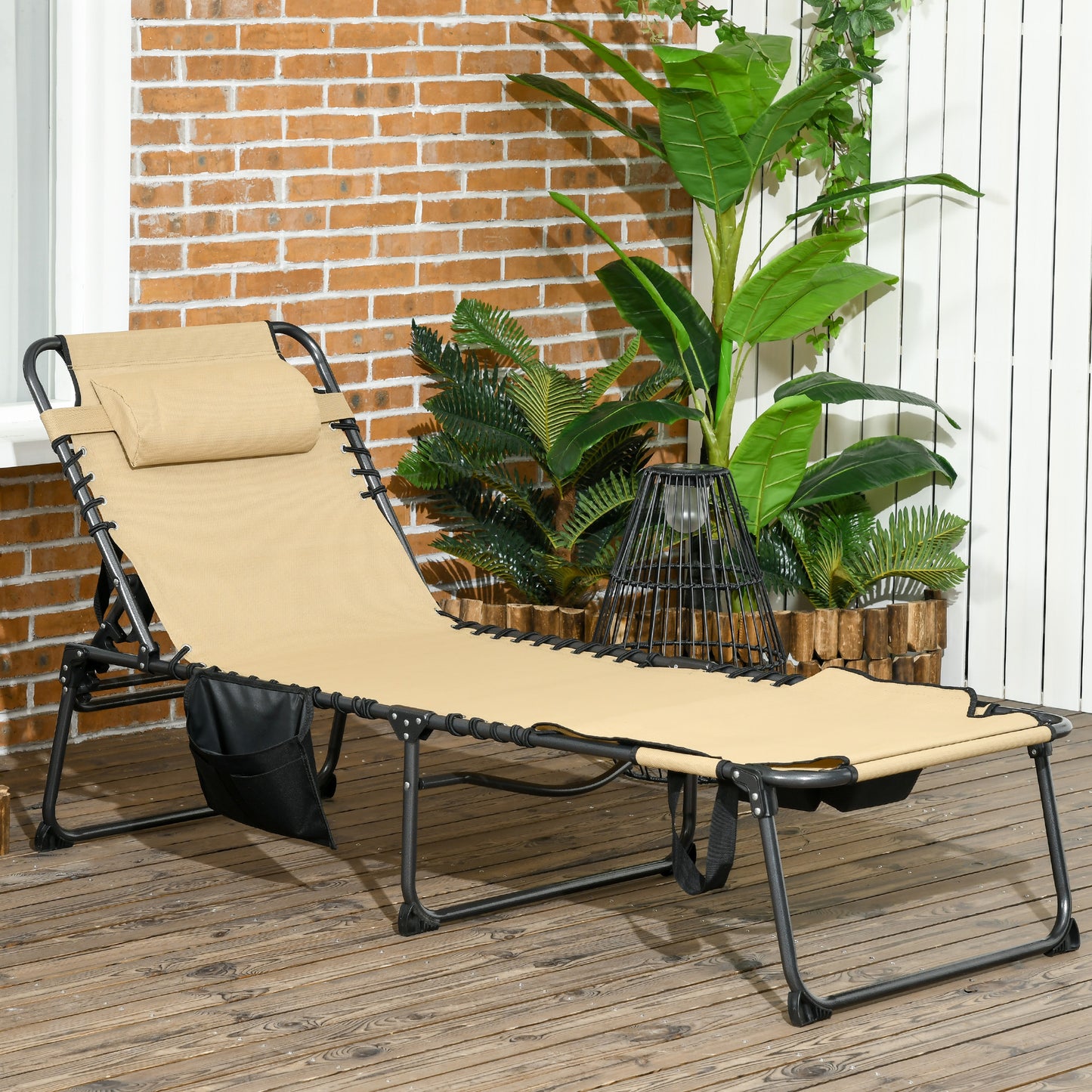 Outsunny Folding Chaise Lounge with 5-level Reclining Back, Outdoor Tanning Chair with Reading Face Hole, Outdoor Lounge Chair with Side Pocket & Headrest for Beach, Yard, Patio, Beige image 2