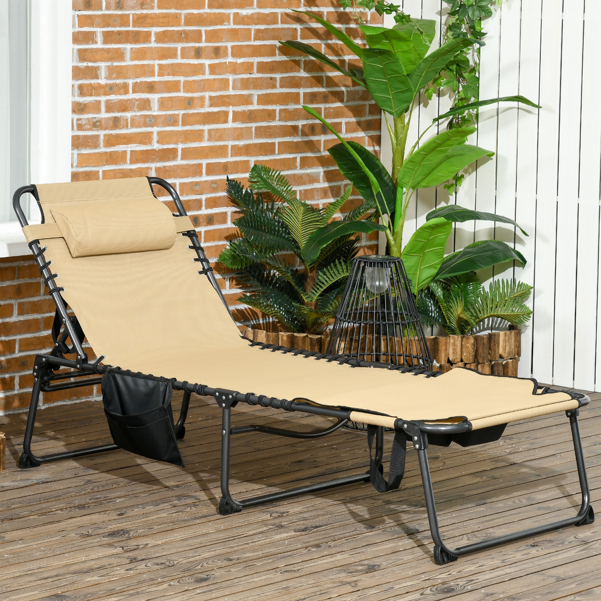 Outsunny Folding Chaise Lounge with 5-level Reclining Back, Outdoor Tanning Chair with Reading Face Hole, Outdoor Lounge Chair with Side Pocket & Headrest for Beach, Yard, Patio, Beige image 2
