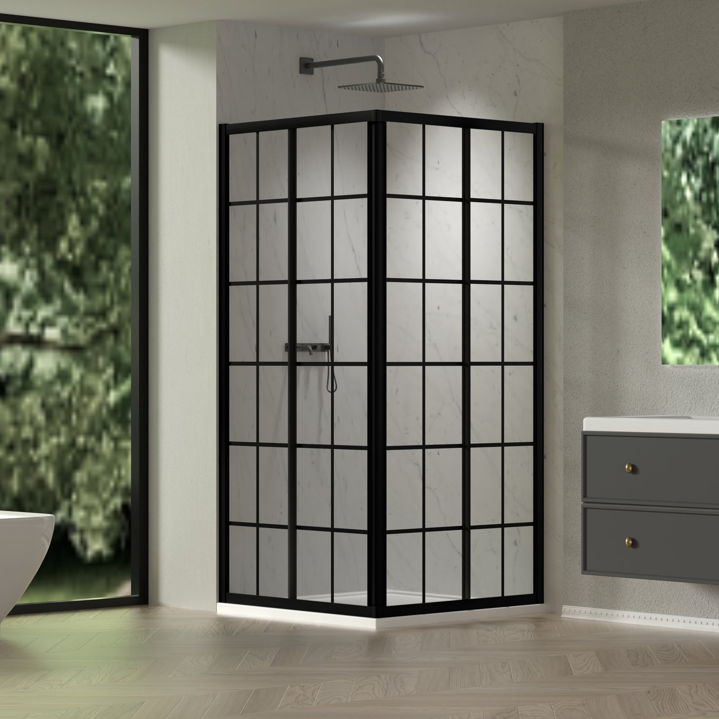 Sliding shower door, with 1/4" tempered clear with black lines glass, 34.625 in. x 72 in. Frame Sliding Corner Shower Enclosure in Matte Black image 1