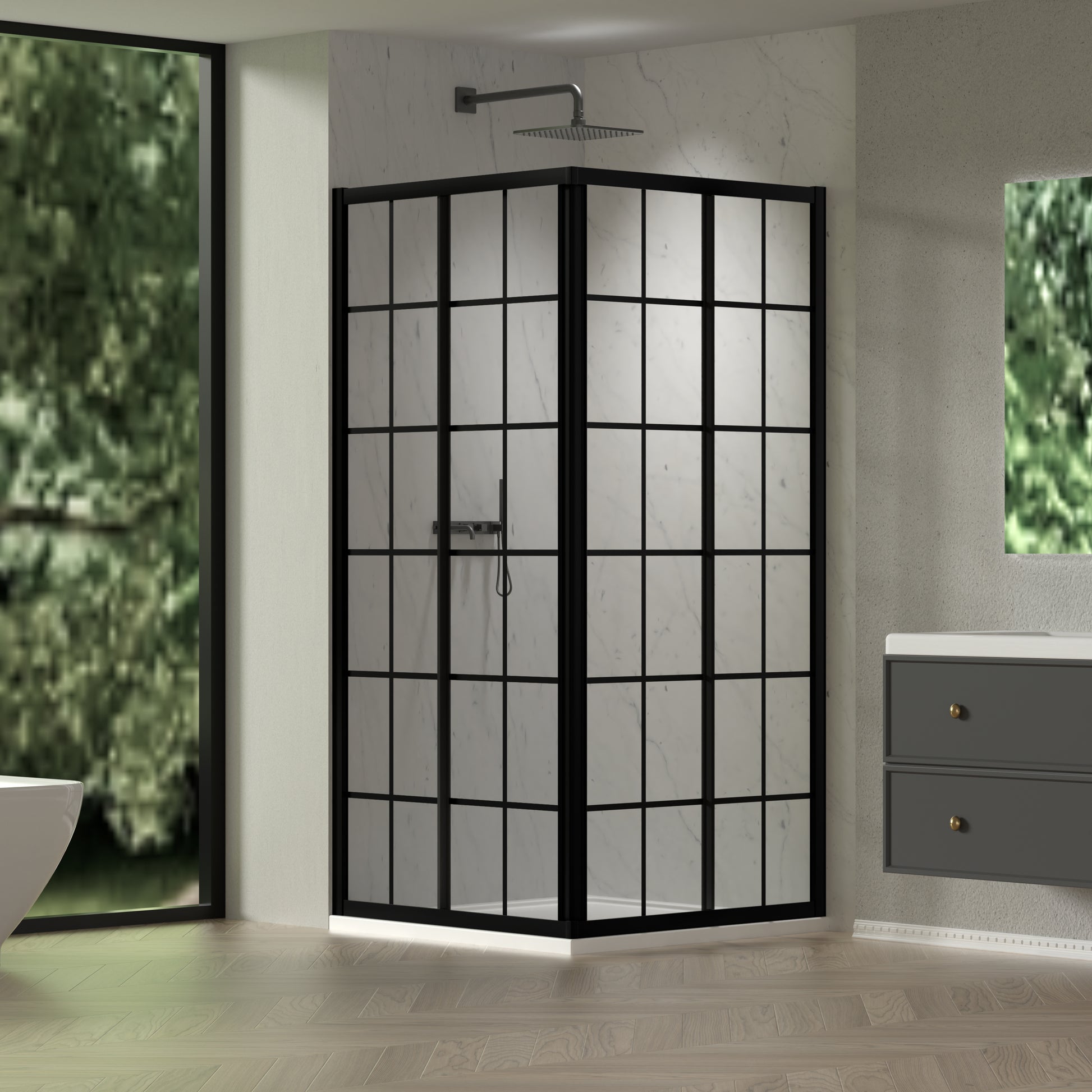 Sliding shower door, with 1/4" tempered clear with black lines glass, 34.625 in. x 72 in. Frame Sliding Corner Shower Enclosure in Matte Black image 1