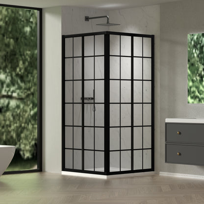 Sliding shower door, with 1/4" tempered clear with black lines glass, 34.625 in. x 72 in. Frame Sliding Corner Shower Enclosure in Matte Black image 1