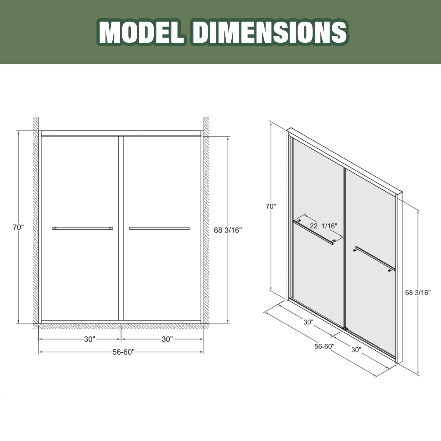 56-60"x70" Aluminum Frame Double Sliding Shower Door,Bypass Bathroom Sliding Door with Premium 5/16" (8mm) Clear Tempered Glass, Chrome Hardware Sliding Glass Shower Enclosure,Chrome Finished image 12