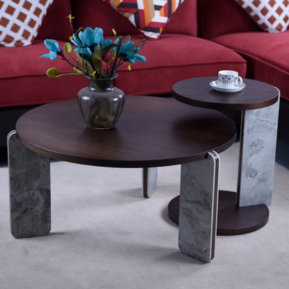 Modern Coffee Table with End Table Set, Durable walnut veneered MDF 83cm diameter Center Table with a 43cm diameter Side Table for Living Room, study room, strong and stable sintered stone legs/base image 5