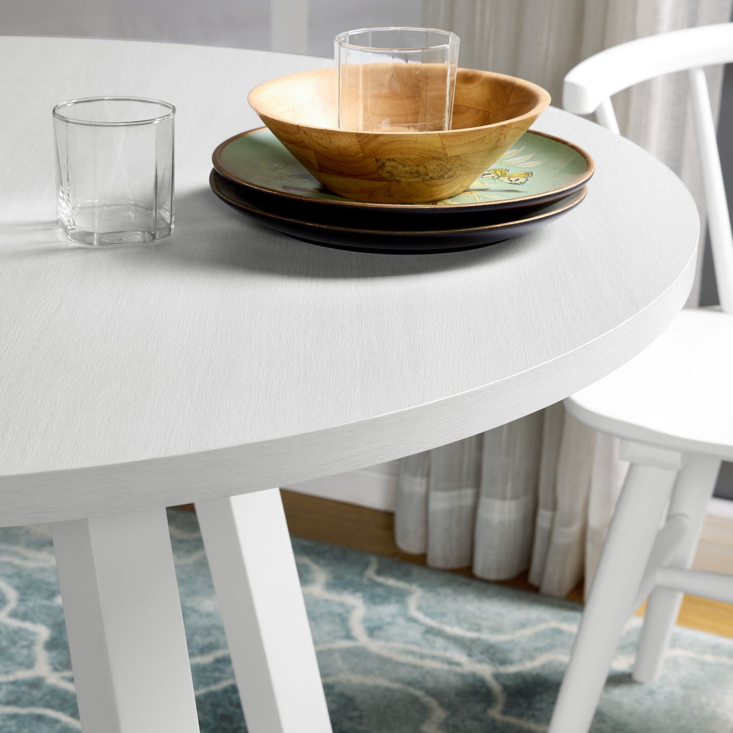 Edo Contemporary Round Dining Table, Trestle Base, White Finish image 3