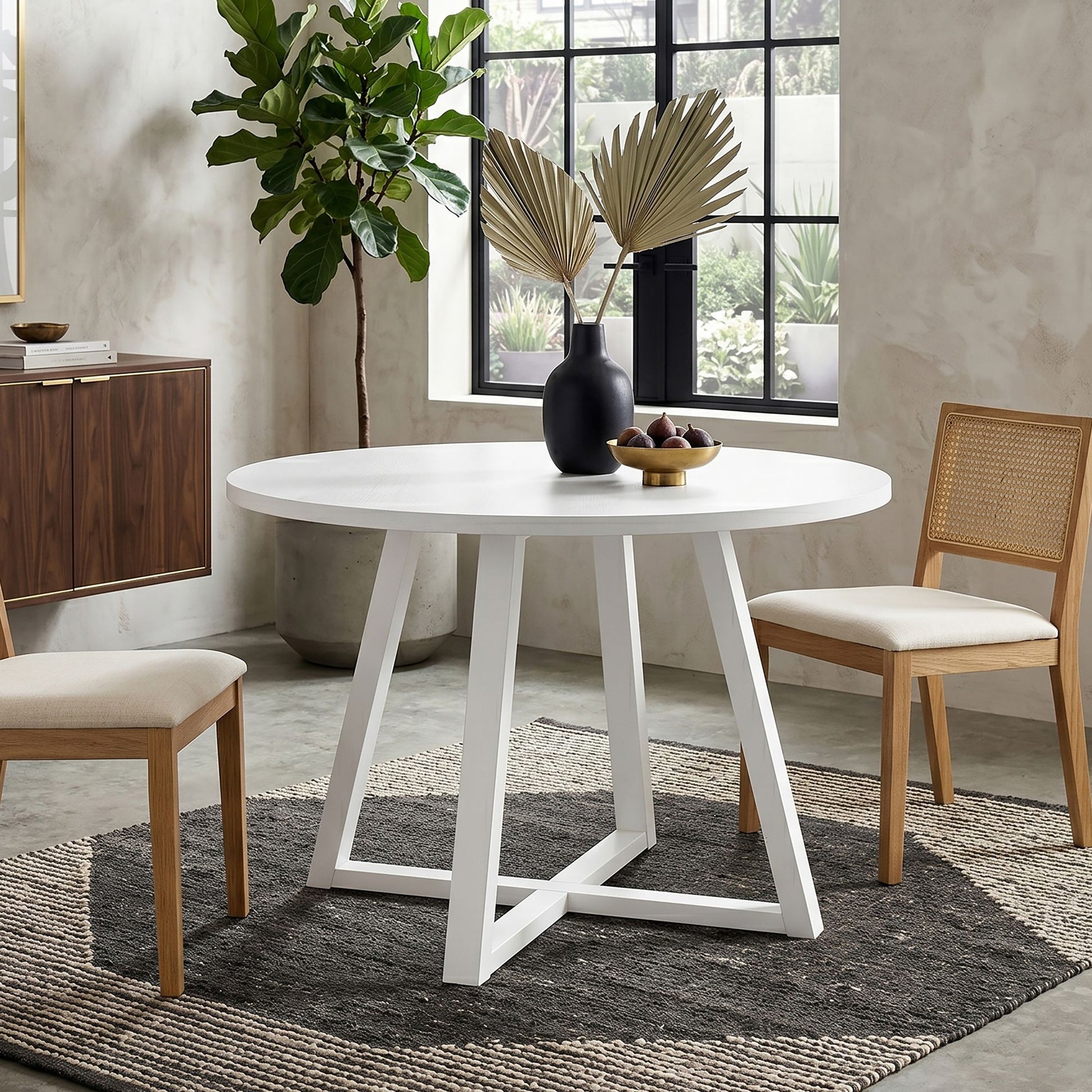 Edo Contemporary Round Dining Table, Trestle Base, White Finish image 2