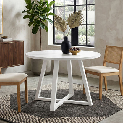 Edo Contemporary Round Dining Table, Trestle Base, White Finish image 2
