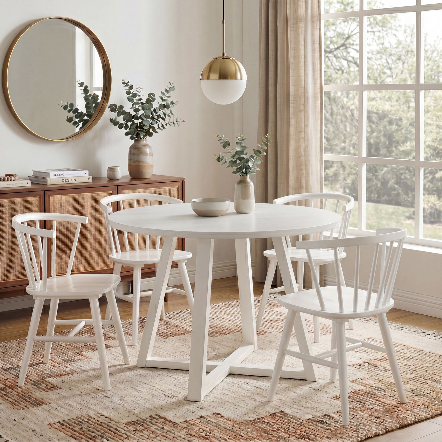 Edo White Wood 5-Piece Dining Set, Trestle Dining Table with 4 Windsor Chairs image 1