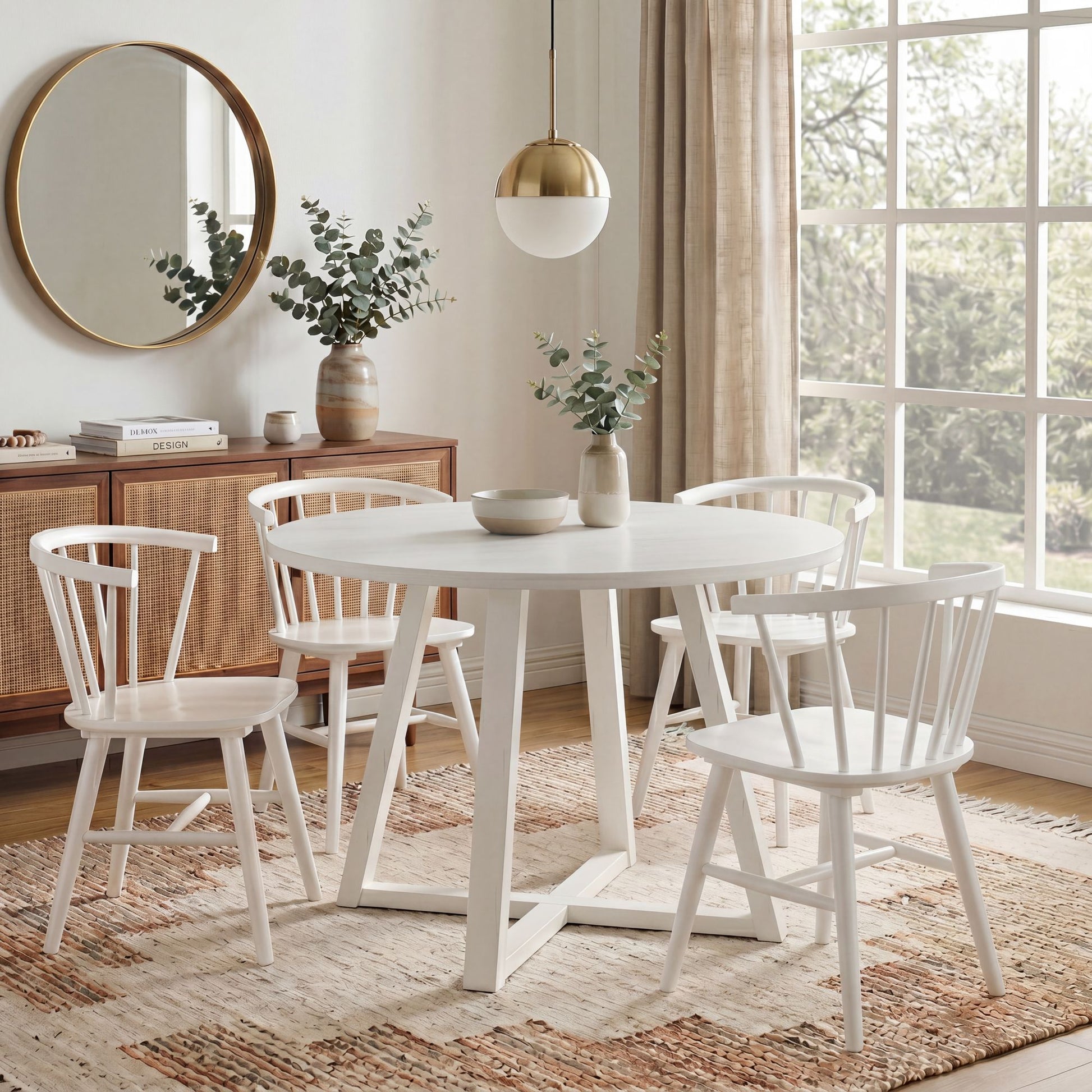 Edo White Wood 5-Piece Dining Set, Trestle Dining Table with 4 Windsor Chairs image 1