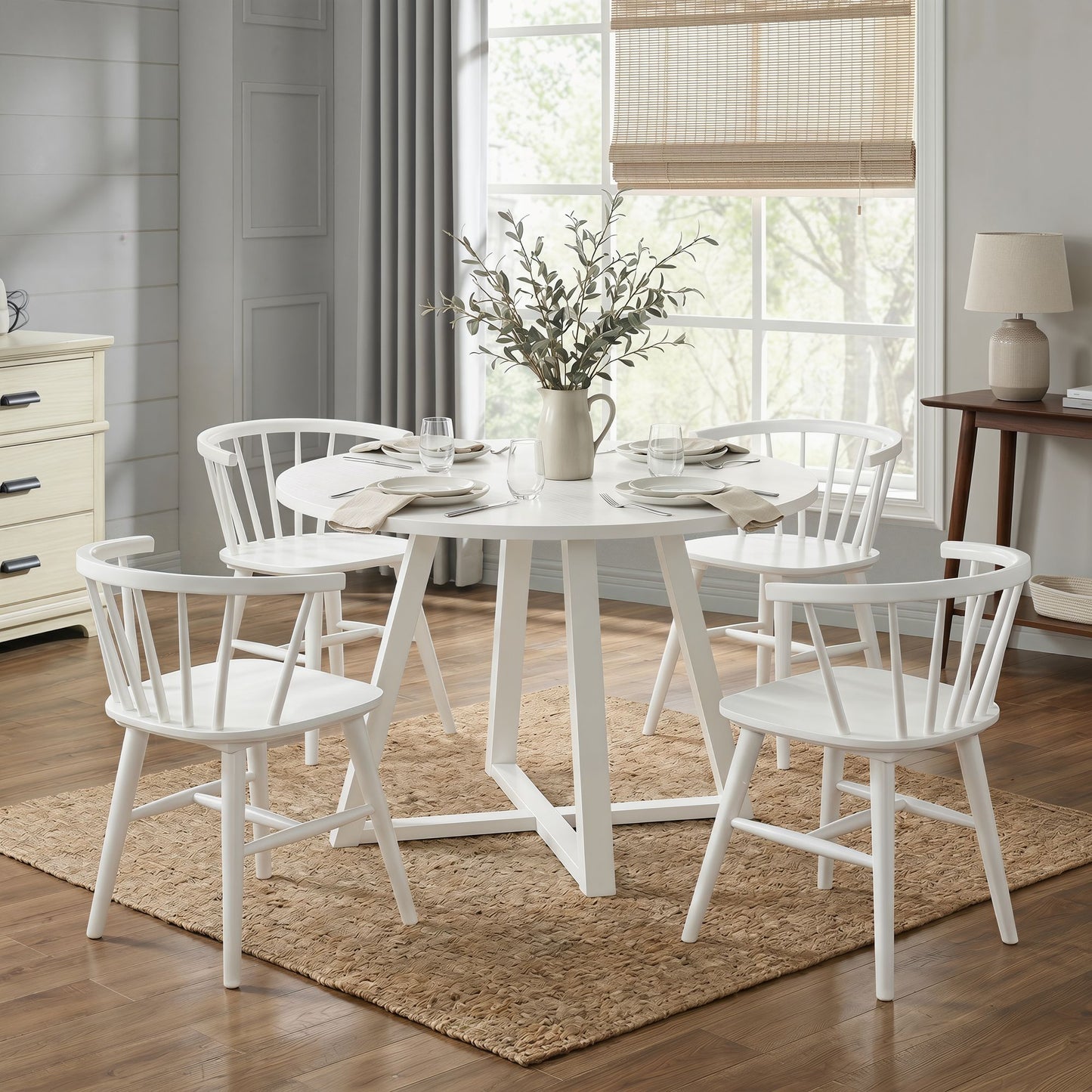 Edo White Wood 5-Piece Dining Set, Trestle Dining Table with 4 Windsor Chairs image 2