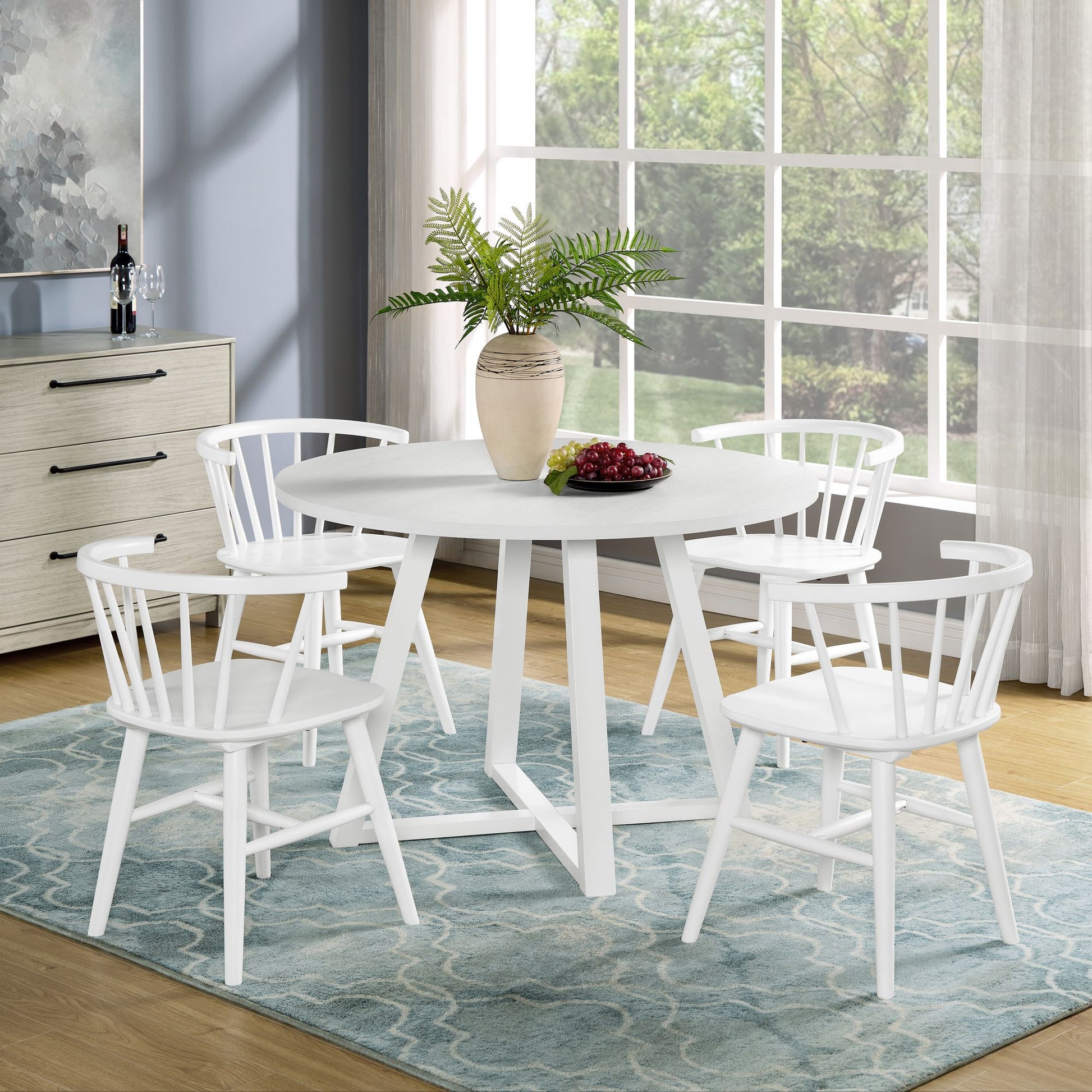 Edo White Wood 5-Piece Dining Set, Trestle Dining Table with 4 Windsor Chairs image 4