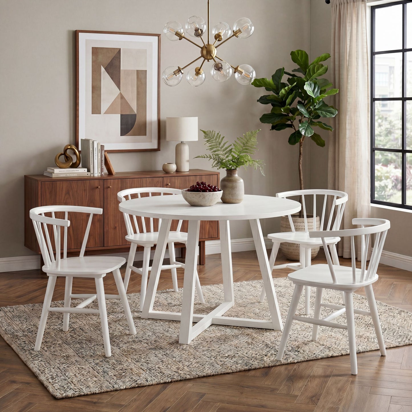 Edo White Wood 5-Piece Dining Set, Trestle Dining Table with 4 Windsor Chairs image 3