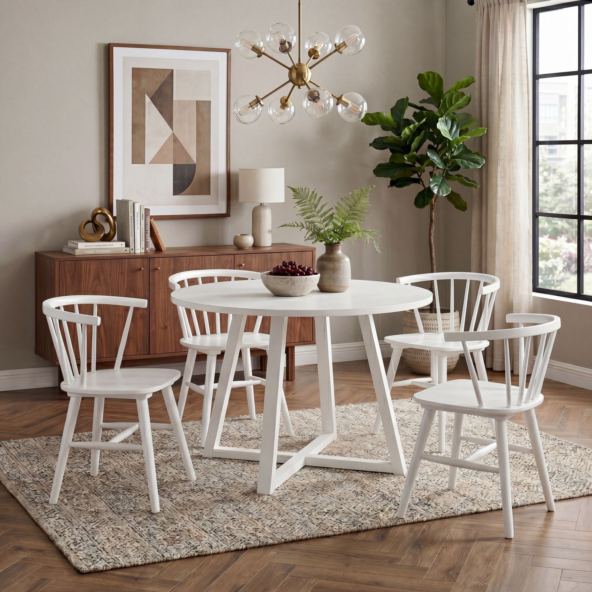 Edo White Wood 5-Piece Dining Set, Trestle Dining Table with 4 Windsor Chairs image 3