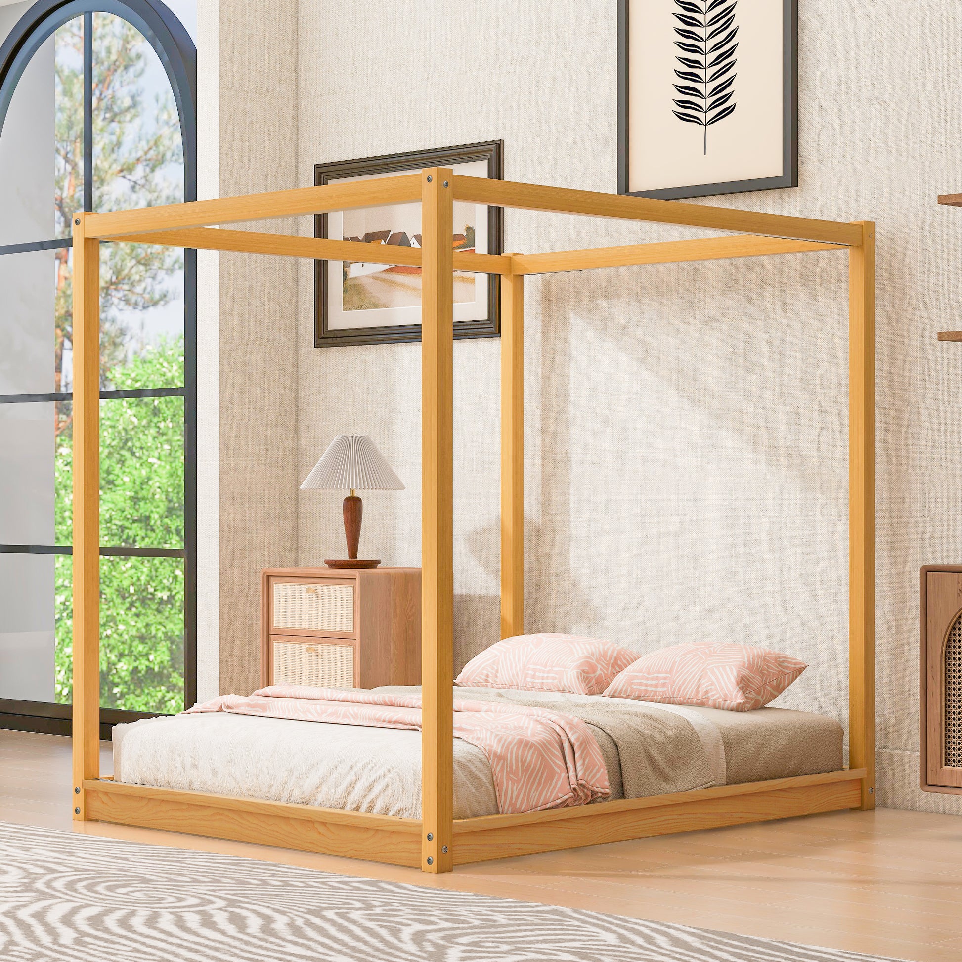Queen Size Canopy Platform Bed with Support Legs,Natural image 1