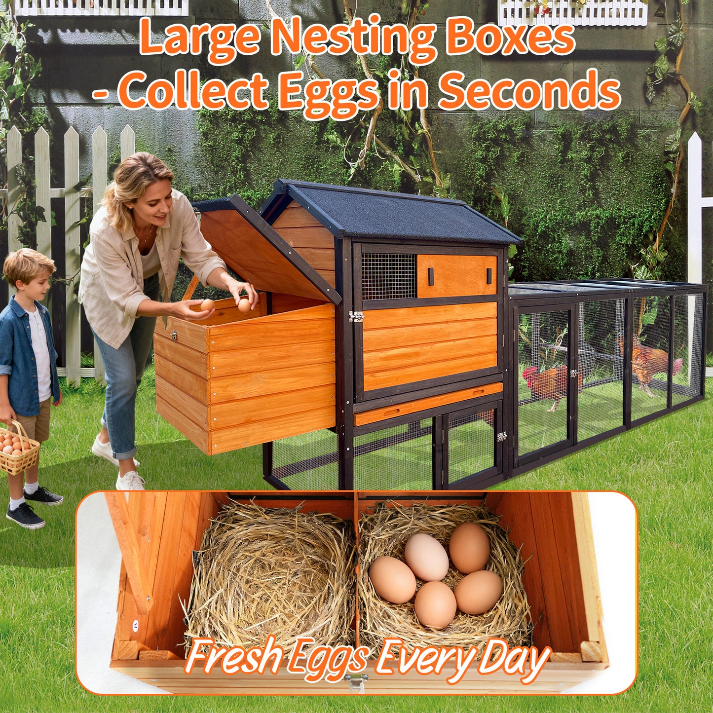 brown+black Wooden Chicken Coop, Large Outdoor Hen House with Run and Nesting Box Poultry Cage, Rabbit Hutch, Waterproof Anti-UV Panel for Backyard image 6