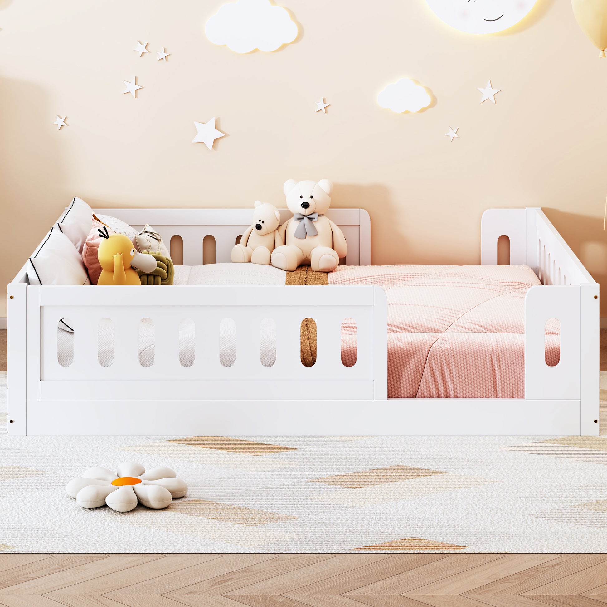 Wood Full Size Platform Bed with Guardrail, White image 2