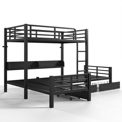 Triple Loft Bed with Storage Shelves and Drawers, Twin over Twin & Twin Loft Bed with Led Lights And Usb Ports, Space-Saving L－Shaped Loft Bed For 3, Black image 10