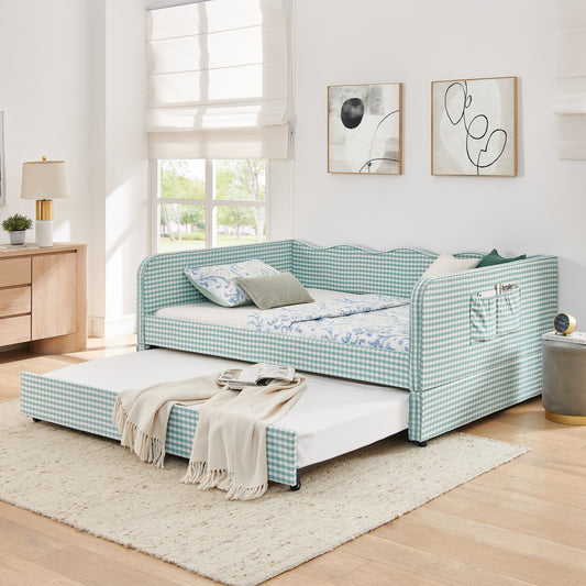 Full‑Size Daybed, Gingham Upholstered 3‑in‑1 Versatile Convertible Sofa Bed with Pull‑Out Trundle & Side Storage Pockets, Ideal for Multiple Room Layouts and Small‑Space Living-CYAN image 1