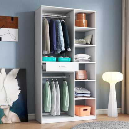 Freestanding Closet System, Stand-Alone Wardrobe with 6 open Shelves,74.8'' Heigh Closetwith 1 Wood Drawers, Wood Walk-in Closet with 2 Hanging Rod, White image 3