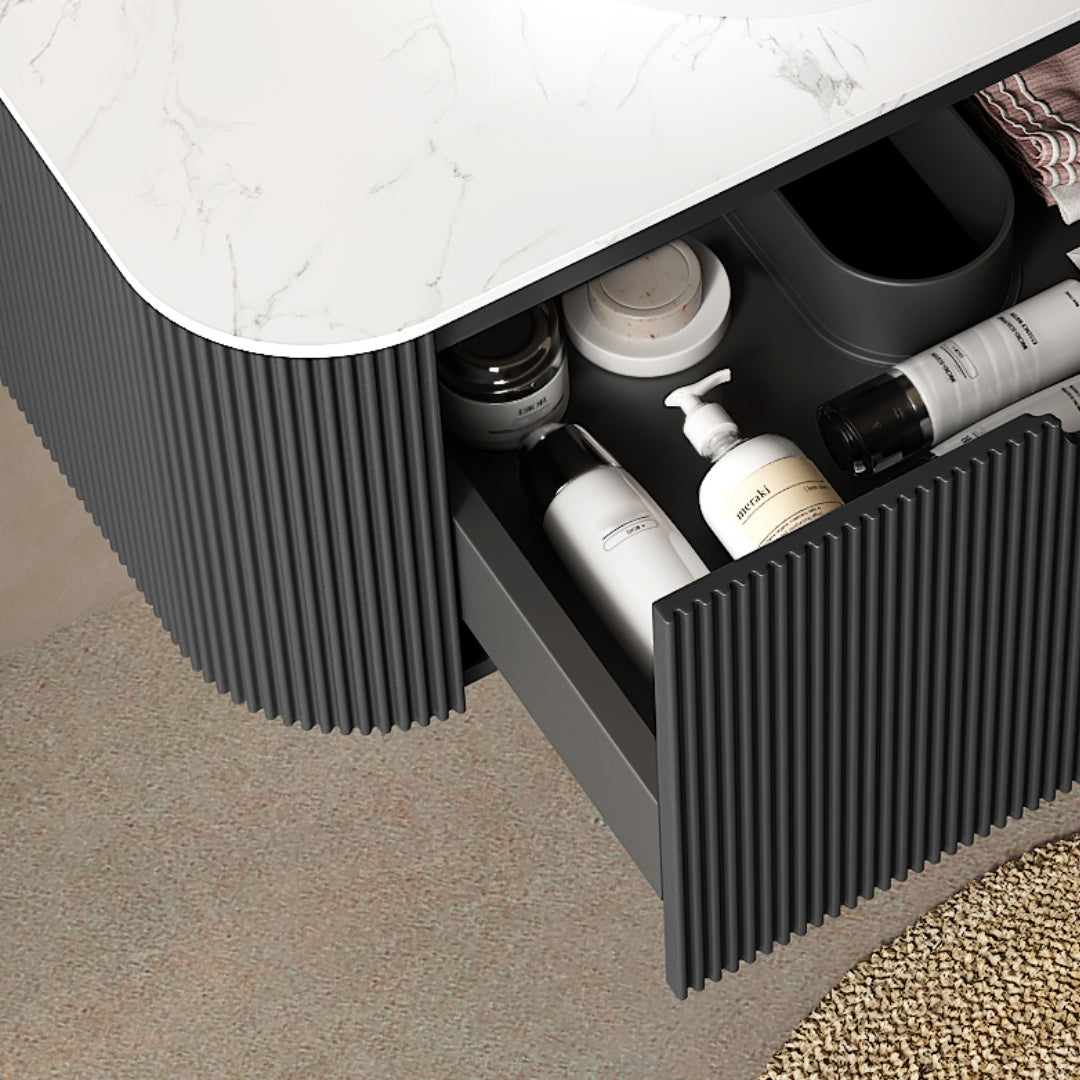 DINA 36'' Wall Mounted Plywood Cabinet with Carrara White Sintered Stone Countertop, One Drawer, NO Basin, NO Faucet and Drain, Black Color image 2