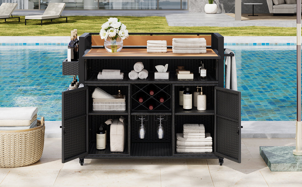 K&K 52.8"W Wicker Outdoor Grill Cart with Extended Plastic Wood Table Top, Rolling Kitchen Island on Wheels with Storage Cabinet, for Patio Backyard Garden Poolside, Double Handle Design, Black Brown image 12