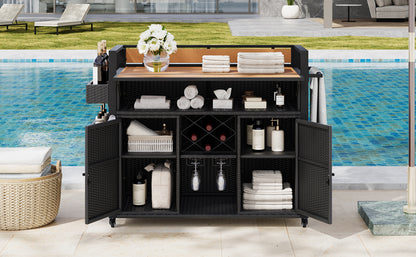 K&K 52.8"W Wicker Outdoor Grill Cart with Extended Plastic Wood Table Top, Rolling Kitchen Island on Wheels with Storage Cabinet, for Patio Backyard Garden Poolside, Double Handle Design, Black Brown image 12