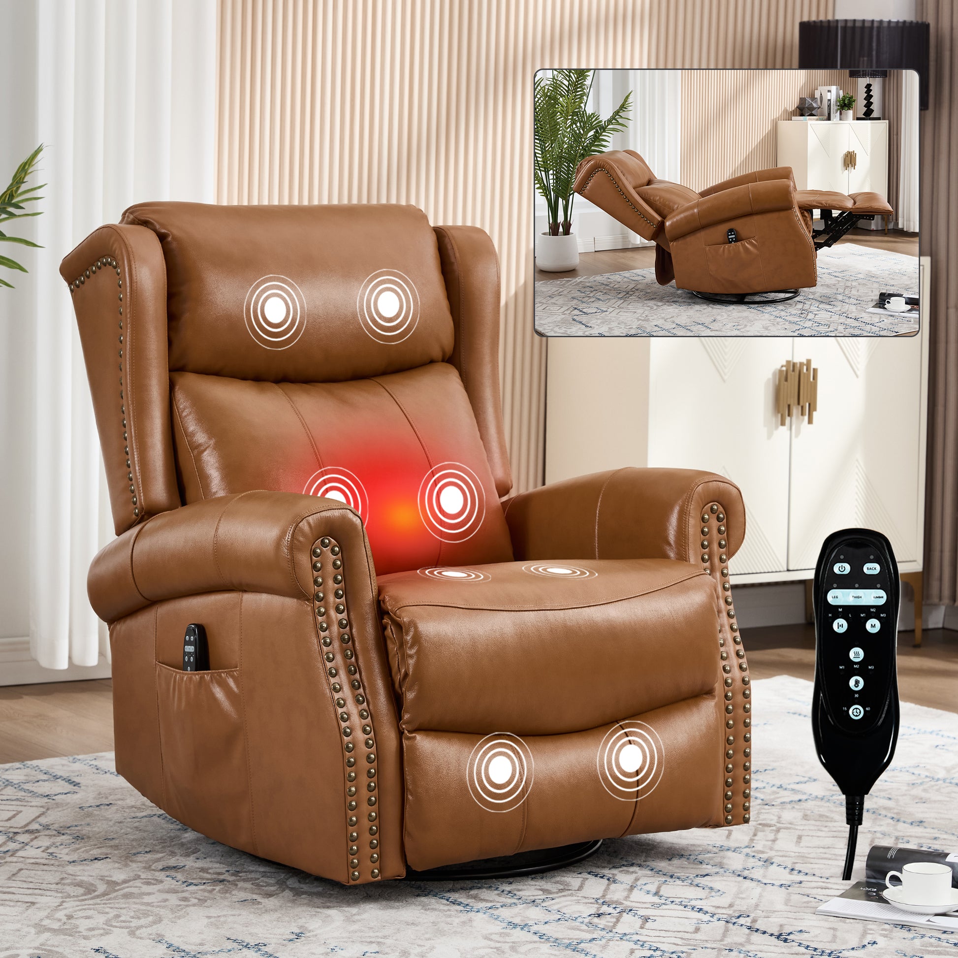 Heat Massage Manual Recliner Chair with Rocker and Swivel in Genuine leather for Living Room, Yellow image 1