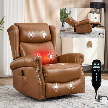 Heat Massage Manual Recliner Chair with Rocker and Swivel in Genuine leather for Living Room, Yellow image 1