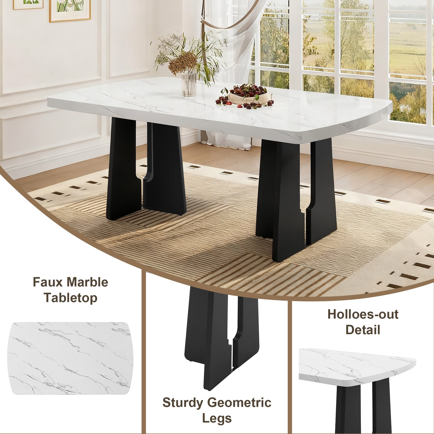 6 Piece Modern Dining Table Set, 63" Faux Marble Dining Table with Geometric Legs & 4 Upholstered Chairs & 1 Bench, Suitable for Dining Kitchen Room,Easy to Assemble, Beige + White image 6